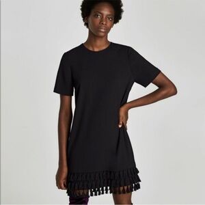 Zara Black Short Sleeve Tassels Fringe Shift Mini Dress Size Small